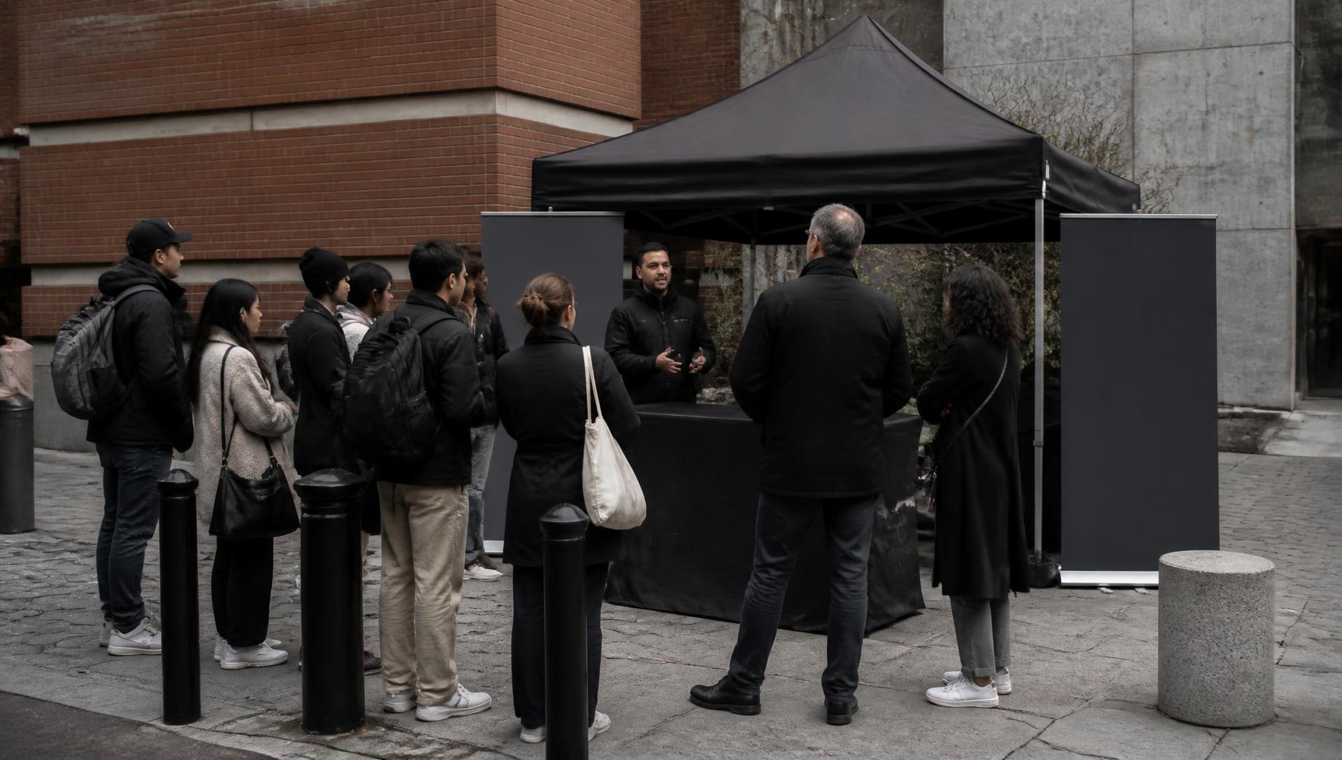 A group of people gathered around an unbranded outdoor activation tent in a New York plaza while a representative explains something