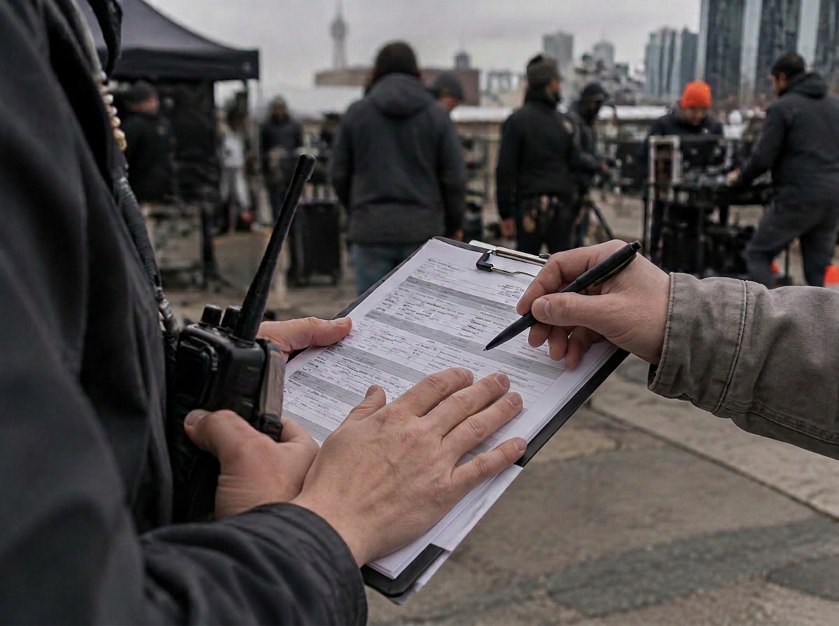 Hands holding a clipboard with a printed schedule grid and a two-way radio at a campaign setup