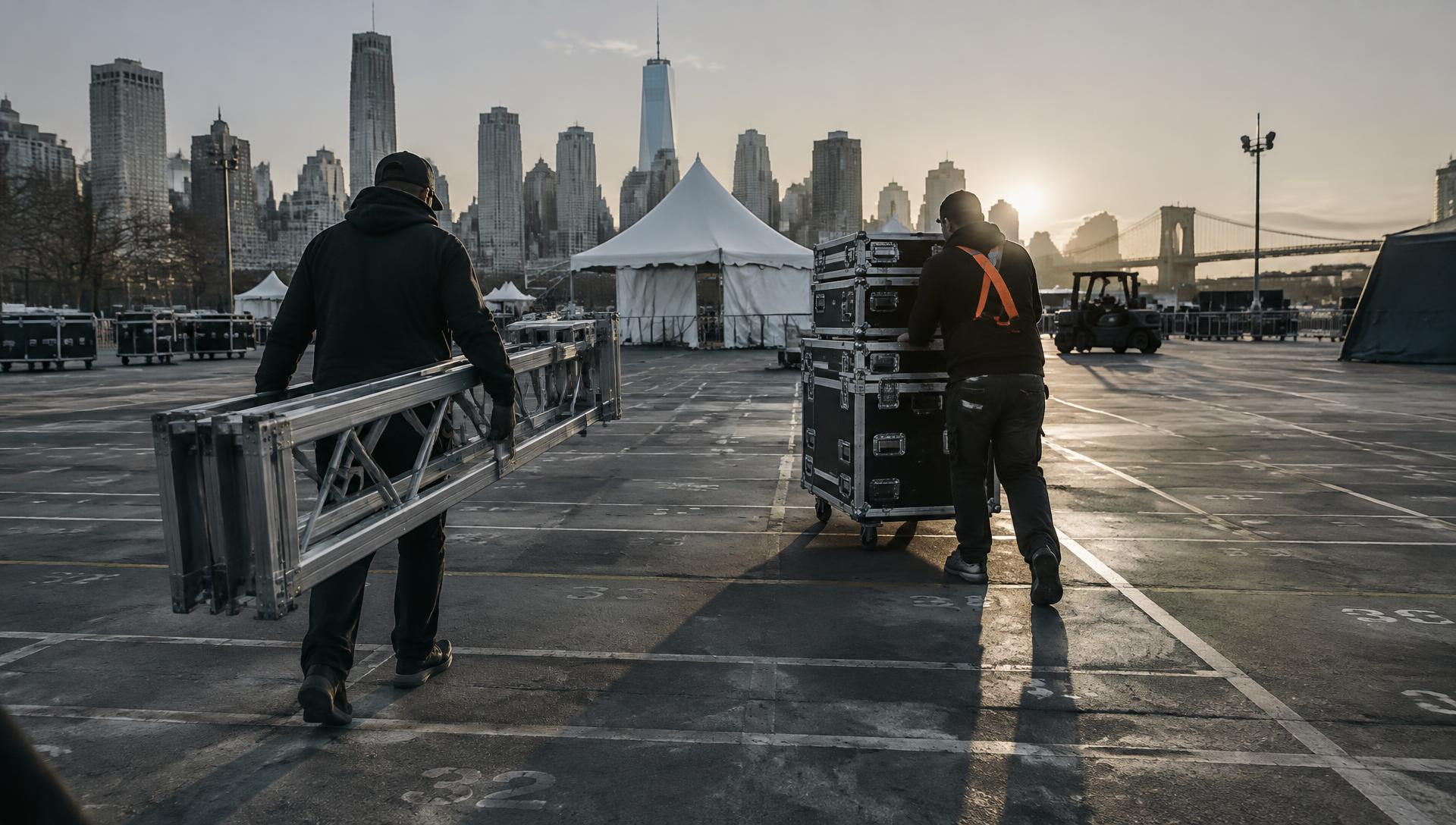 Two crew members carrying a folded display frame and wheeling road cases across a marked outdoor site at sunrise