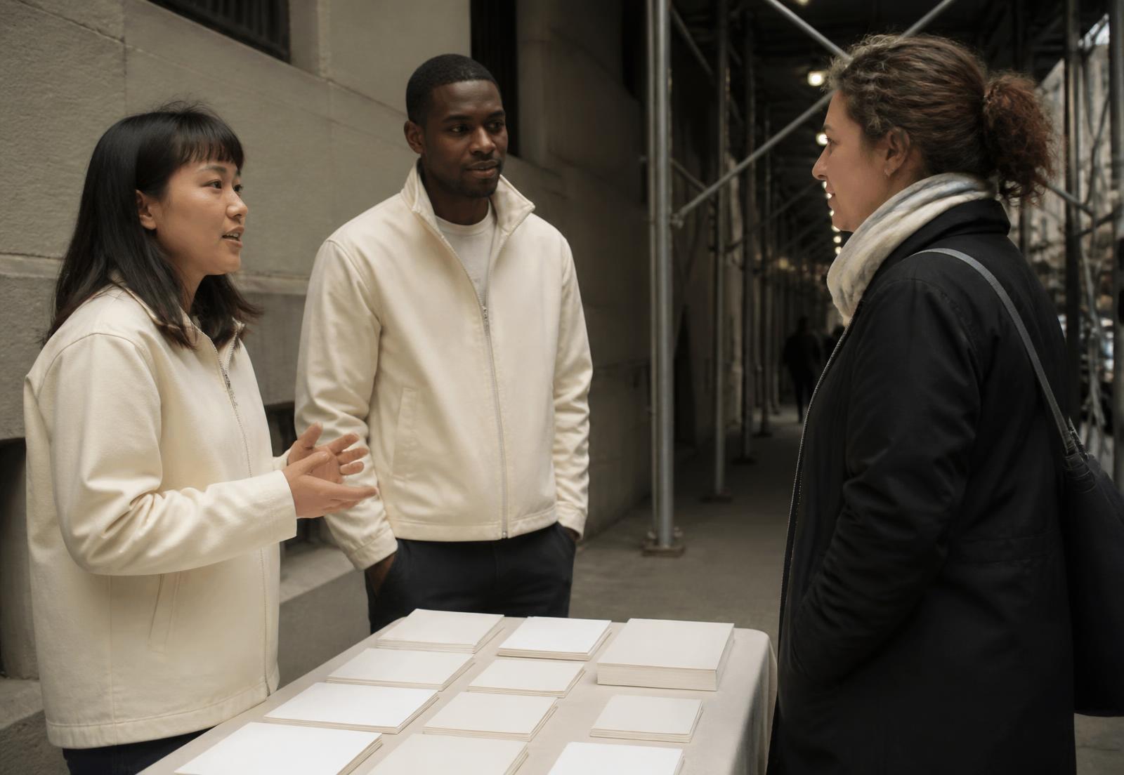 Two marketing representatives in plain cream jackets talking with a passer-by beside a table of printed materials on a New York sidewalk