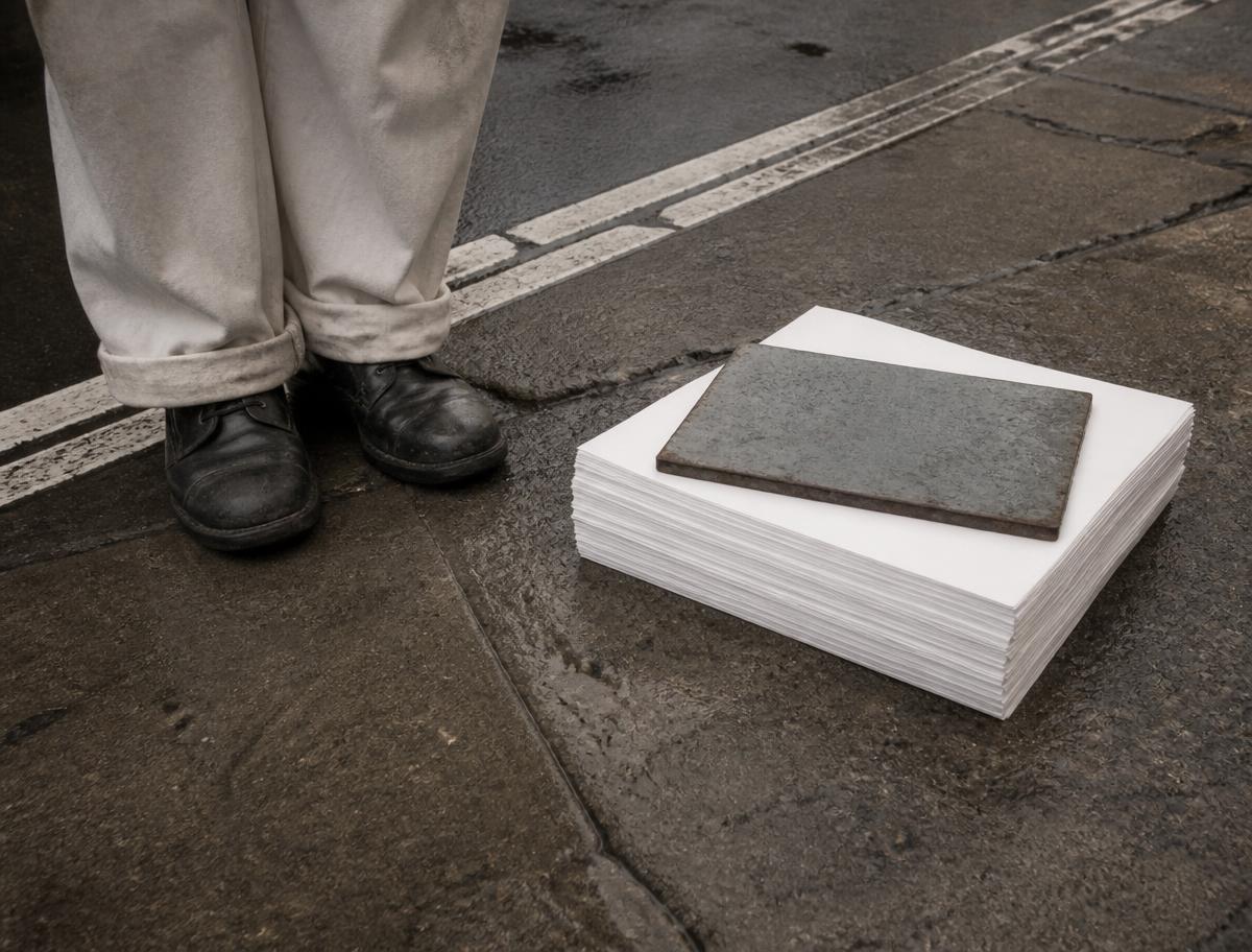 Blank printed campaign materials held down by a steel plate on wet New York pavement beside a person's boots